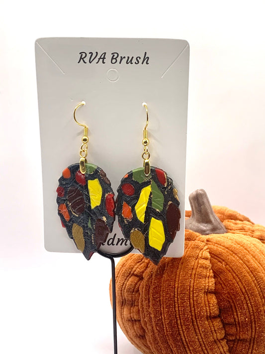 13-Autumn Leaf Mosaic Polymer Clay Earrings Handmade Fall Fashion Statemente