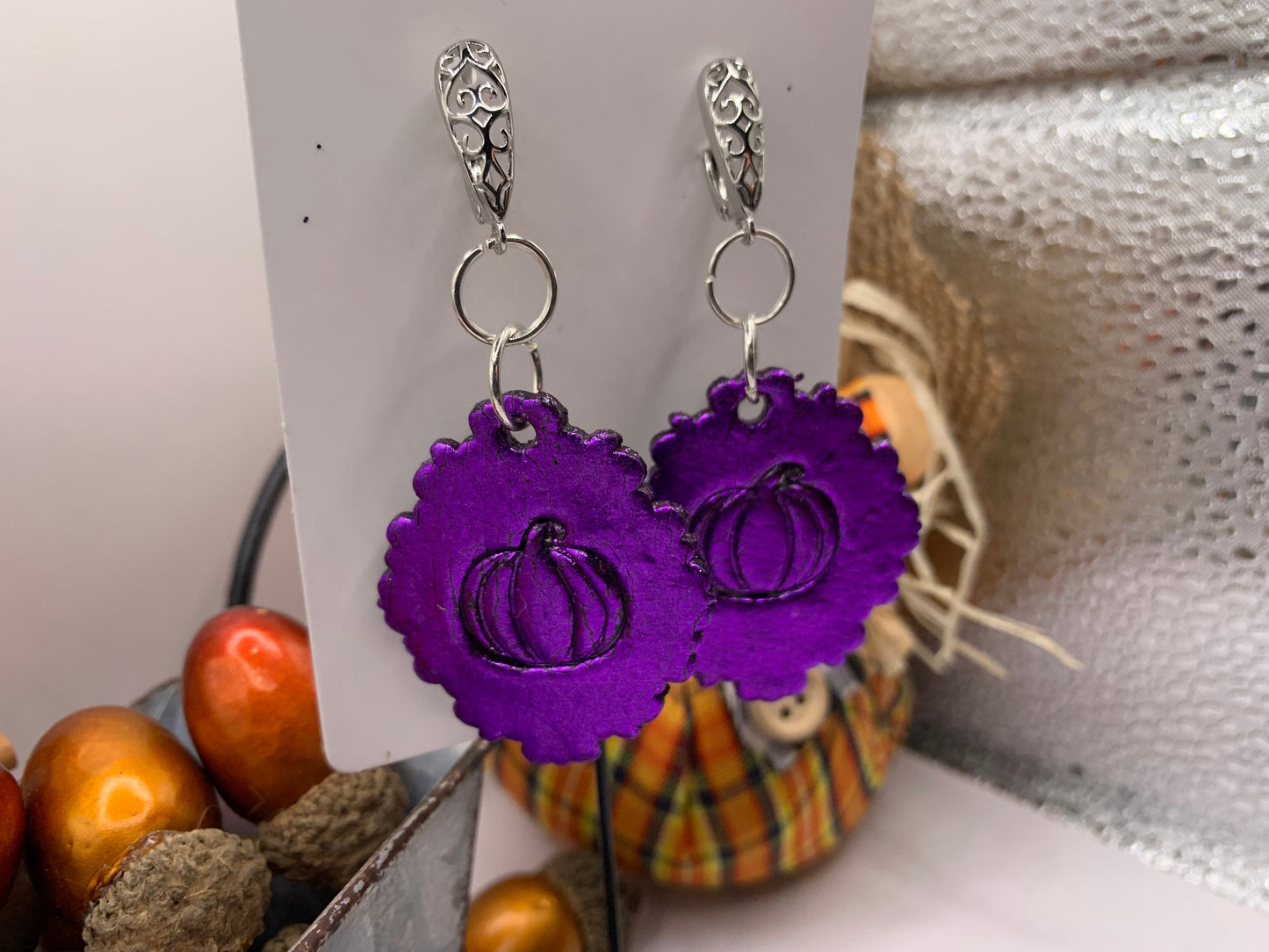 28-Purple pumpkin Halloween earrings handmade polymer clay hypoallergenic, fall and Autumn