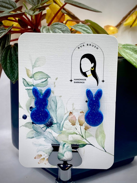 Sparkling Midnight Blue Bunny Earrings Handmade Polymer Clay Animal Jewelry for Whimsical Style Gift for her