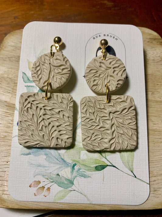 97- Elegant Nature-Inspired Polymer Clay Earrings Neutral Toned Leaf Imprint Dangles for her