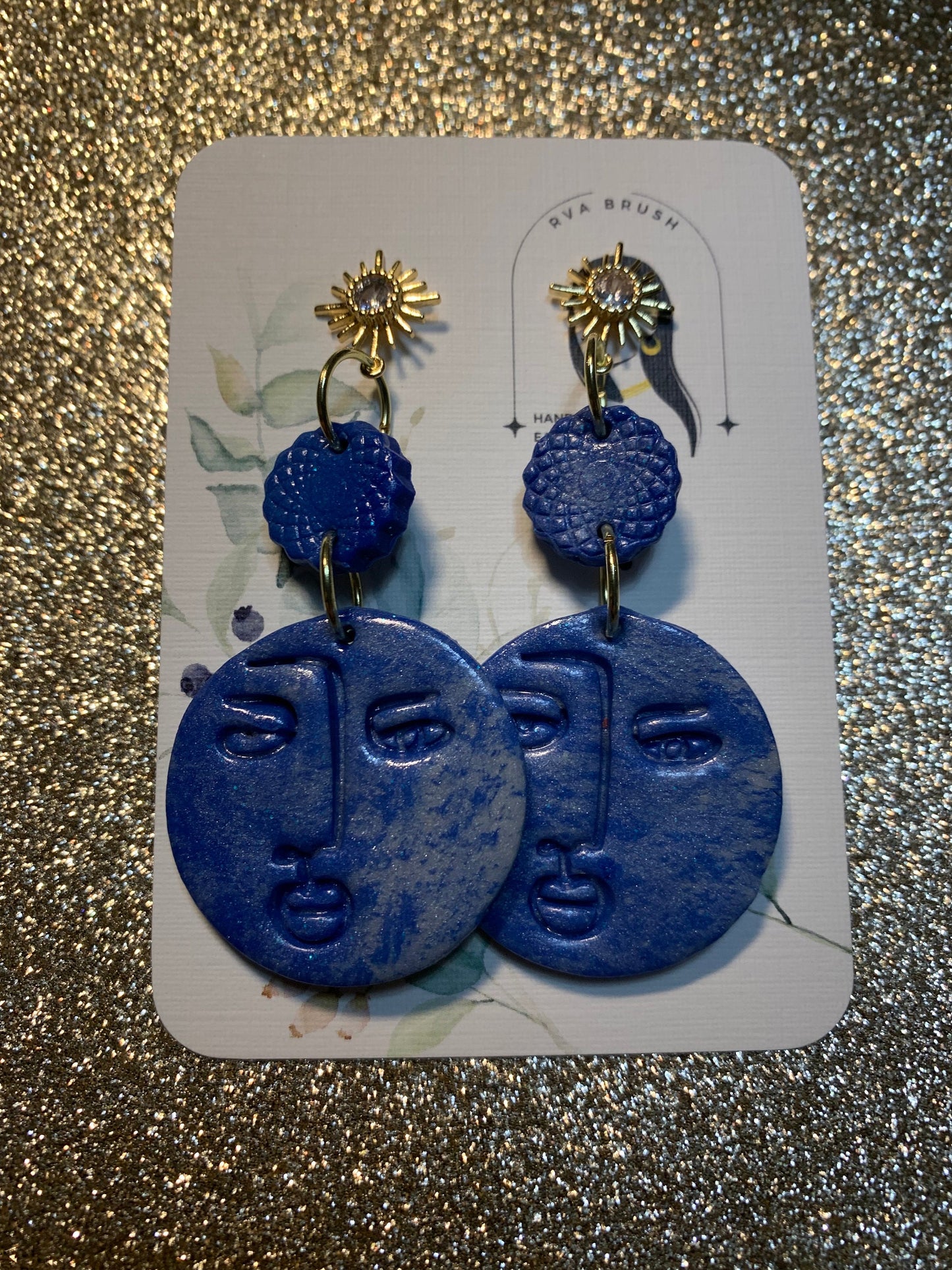 105- Celestial Blue Face Pendant Earrings with Sunburst Gold Studs