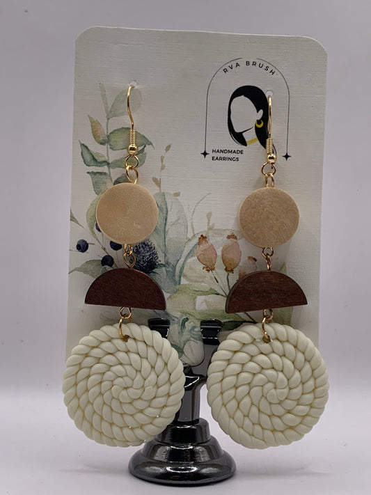 107- Elegant Ivory Textured Disc Earrings - Contemporary Polymer Clay Jewelry with Gold Accents