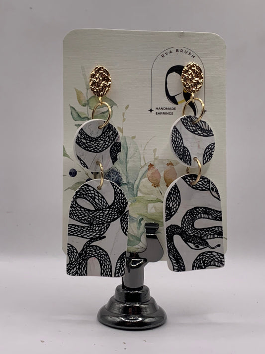 108-Elegant Golden Textured Studs with Monochrome Swirl Dangles - Handmade Artistic Earrings Snakes for her