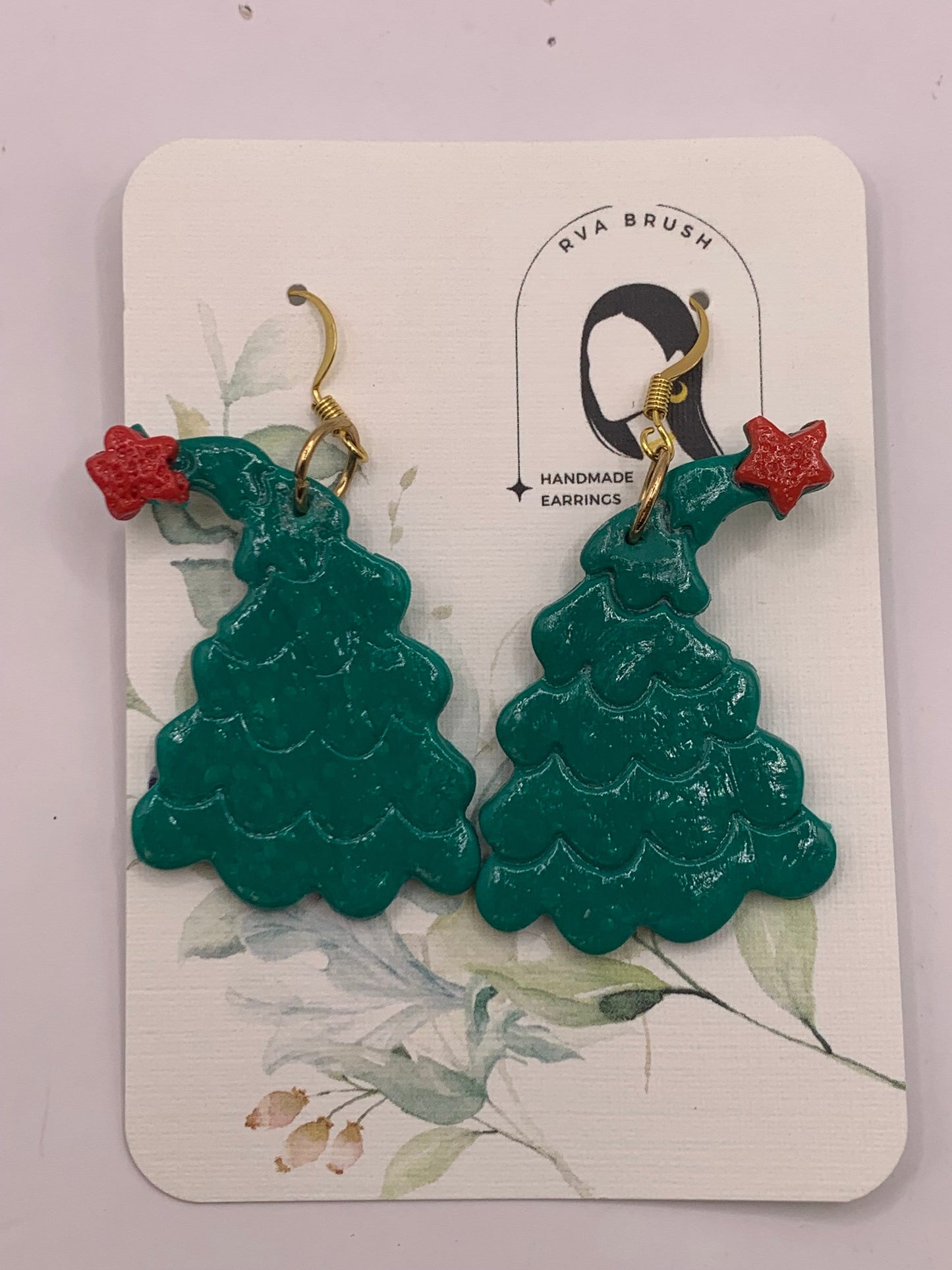 136- Festive Christmas Tree Earrings with Star Accents - Handmade Holiday Polymer Clay Jewelry