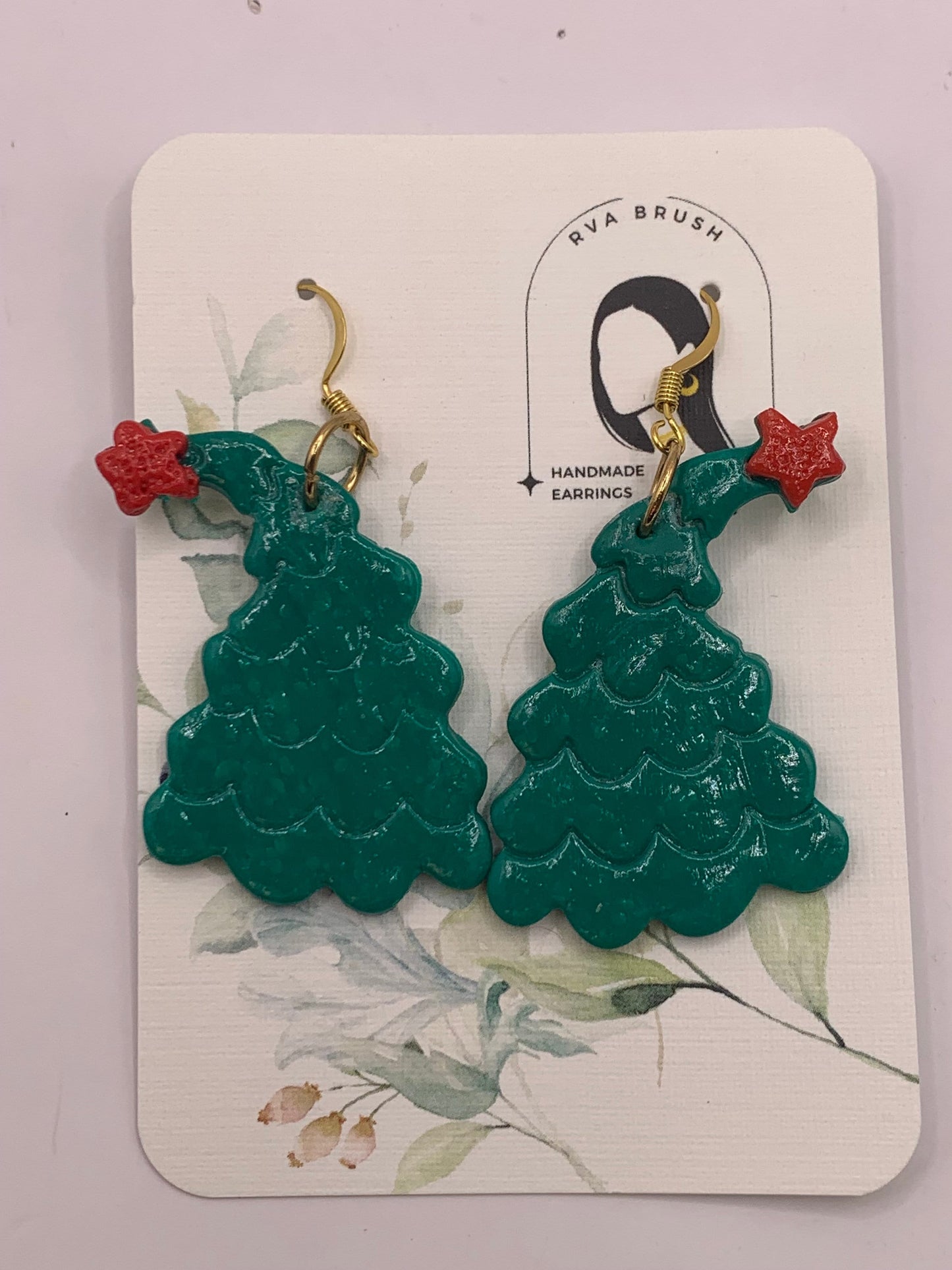 136- Festive Christmas Tree Earrings with Star Accents - Handmade Holiday Polymer Clay Jewelry