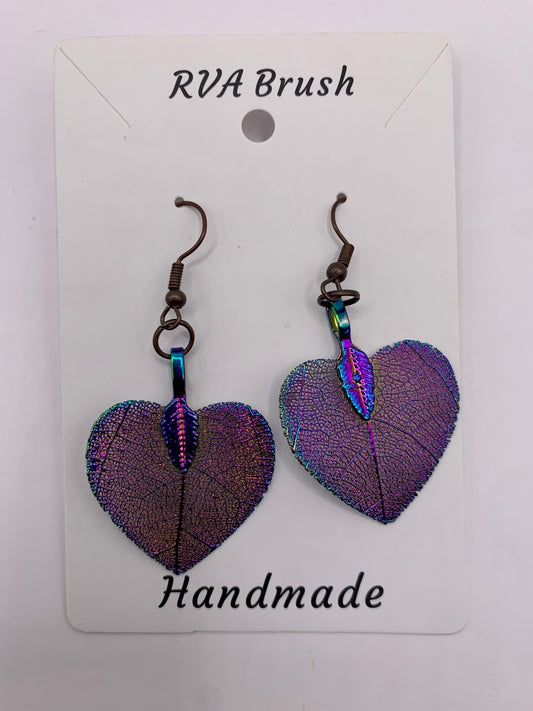 146- "Iridescent Purple Leaf Heart Earrings - Handmade Holographic Polymer Clay Love Jewelry