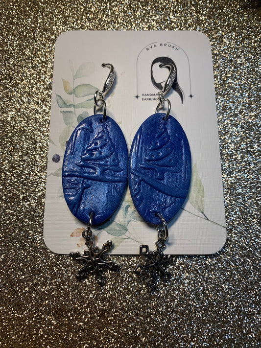 102- Midnight Blue Snowflake Earrings - Handcrafted Polymer Clay Winter Charm Dangles