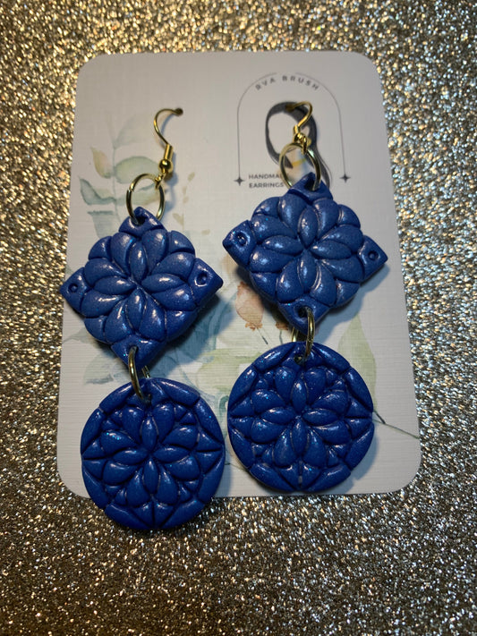 103- Sapphire Bloom Carved Earrings - Handmade Floral Embossed Blue Disc Jewelry
