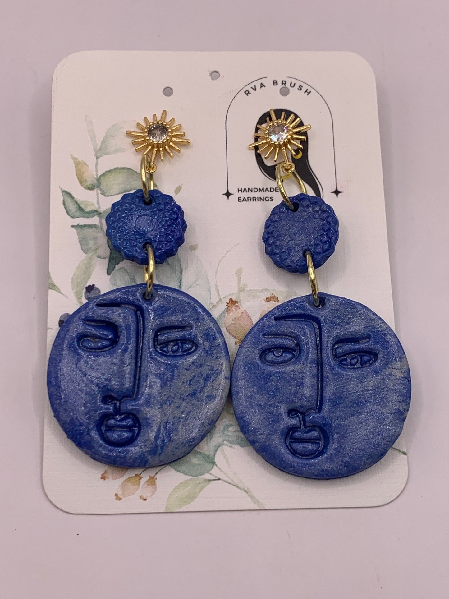 105- Celestial Blue Face Pendant Earrings with Sunburst Gold Studs