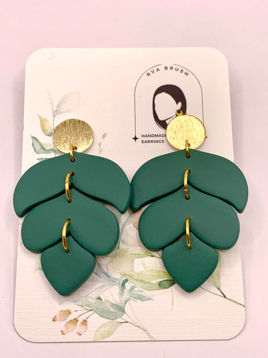 118-Forest Green Layered Petal Earrings - Gold Accented Polymer Clay Drop Earrings