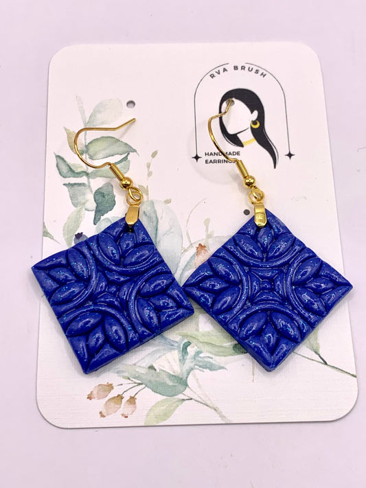 121- Sapphire Blue Embossed Square Earrings, Artisanal Floral Relief, Elegant Handmade Jewelry, Bold Fashion Statement, Gift for Her