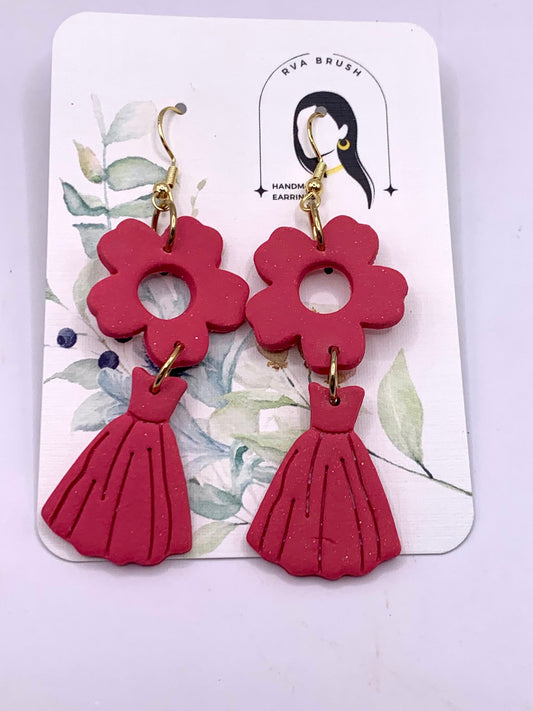 124- Vibrant Fuchsia Flower Tassel Earrings - Handmade Polymer Clay and Gold-Tone Jewelry