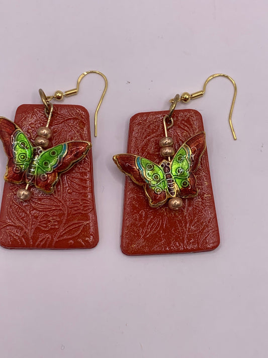 128- Enchanted Butterfly Embossed Earrings, Vibrant Red Rectangular Dangle, Whimsical Jewelry, Nature-Inspired Accessory, Gift for Her