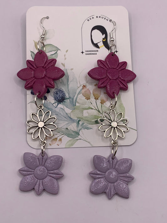 129- Floral Layered Earrings Set - Hand painted Lavender and Burgundy Blossoms - Artisan Crafted Fashion Statement - Perfect Gift for Her