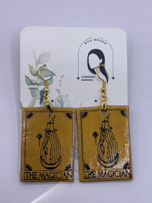 130- Tarot Card 'The Magician' Earrings - Mystical Gold-Tone Polymer Clay Jewelry