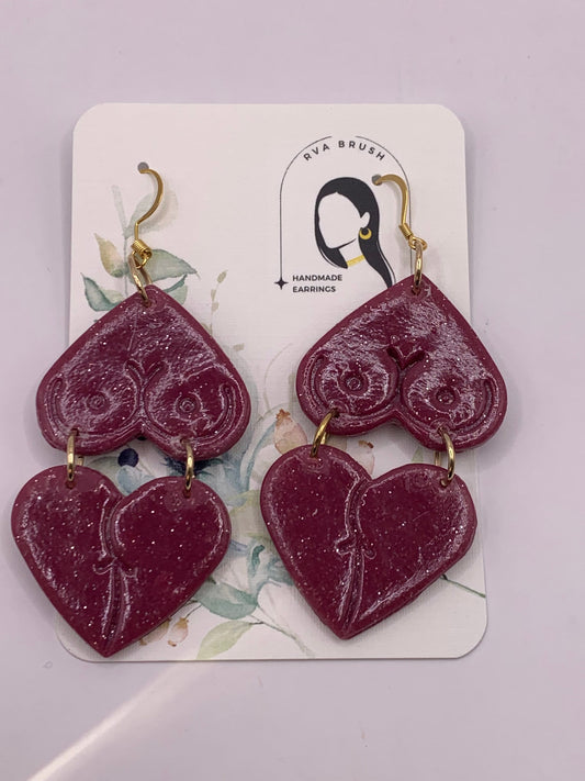 131- Romantic Red Heart Earrings - Textured Love Charm Dangles - Handcrafted Polymer Clay Jewelry - Unique Gift for Her