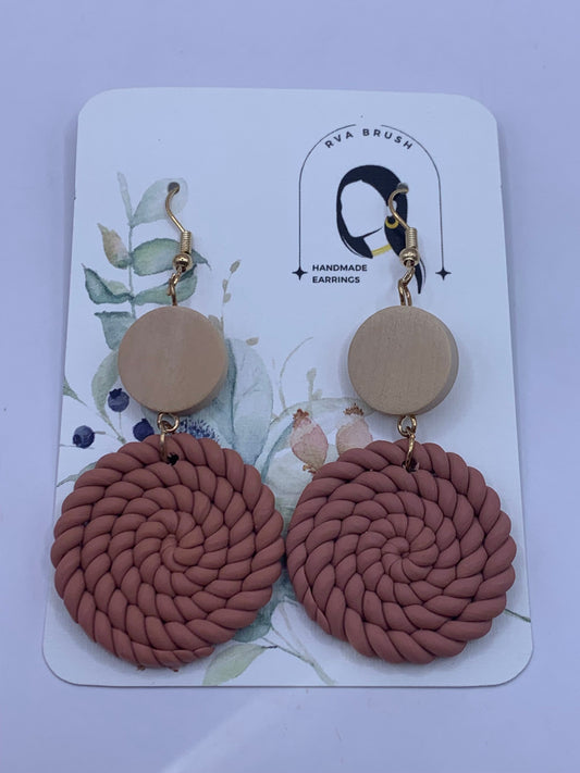 132- Dusty Brown Braided Polymer Clay Earrings, Boho Chic Statement Jewelry