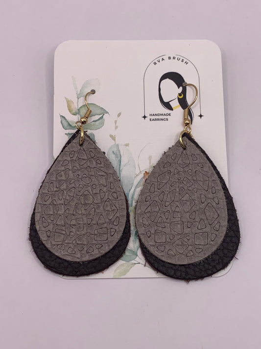 140- Chic Grey Embossed Teardrop Earrings Handcrafted Fashion Accessory Statement Jewelry Lightweight Faux Leather Gift for Her