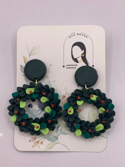 141- Botanical Hoop Earrings - Vibrant Green and Berry Accents Handmade Polymer Clay Jewelry